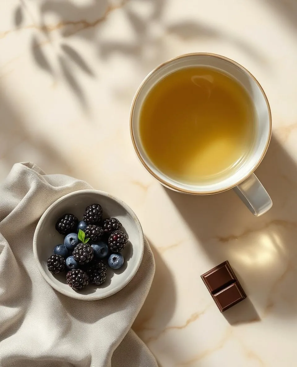 Aufsicht auf cremefarbenem Marmor: Keramikschale mit dunklen Beeren, dampfende Tasse grüner Tee und ein Stück dunkler Schokolade — Polyphenol-Pause