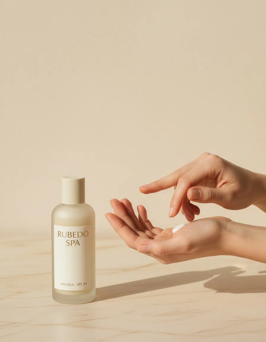 Apothekerflasche Rubedo Spa Mineral SPF 30 mit Hand, die einen Tropfen Sonnencreme aufträgt — UV-Mikroroutine