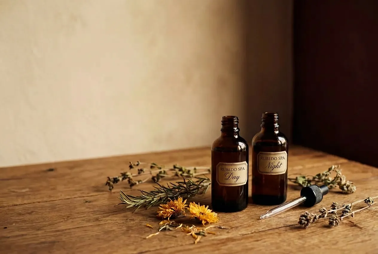 Apothekerflaschen, Pipette, Kollagen-Faden auf Marmor