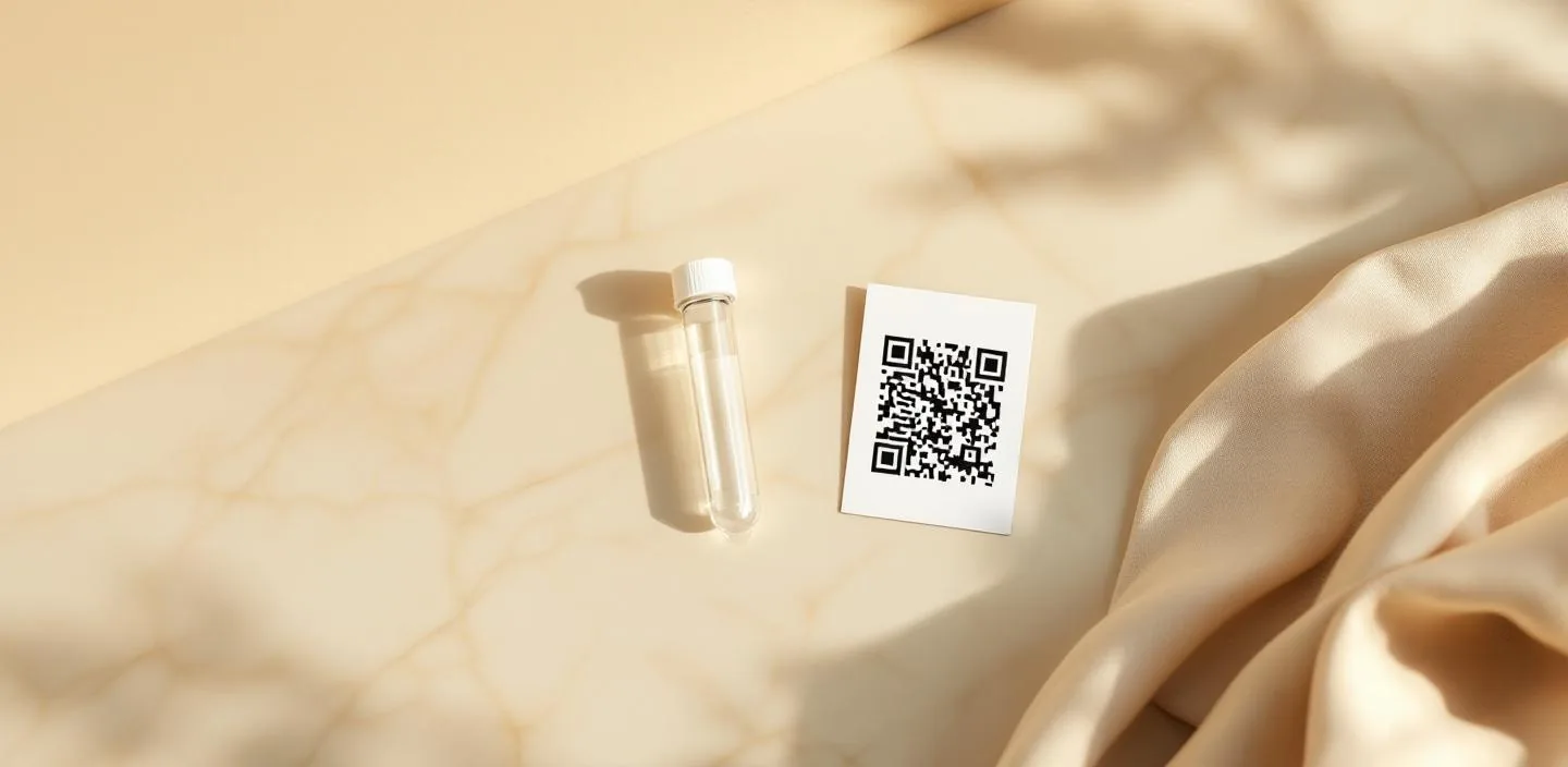 Probenröhrchen mit weißem Schraubdeckel und QR-Code-Karte auf cremefarbenem Marmor