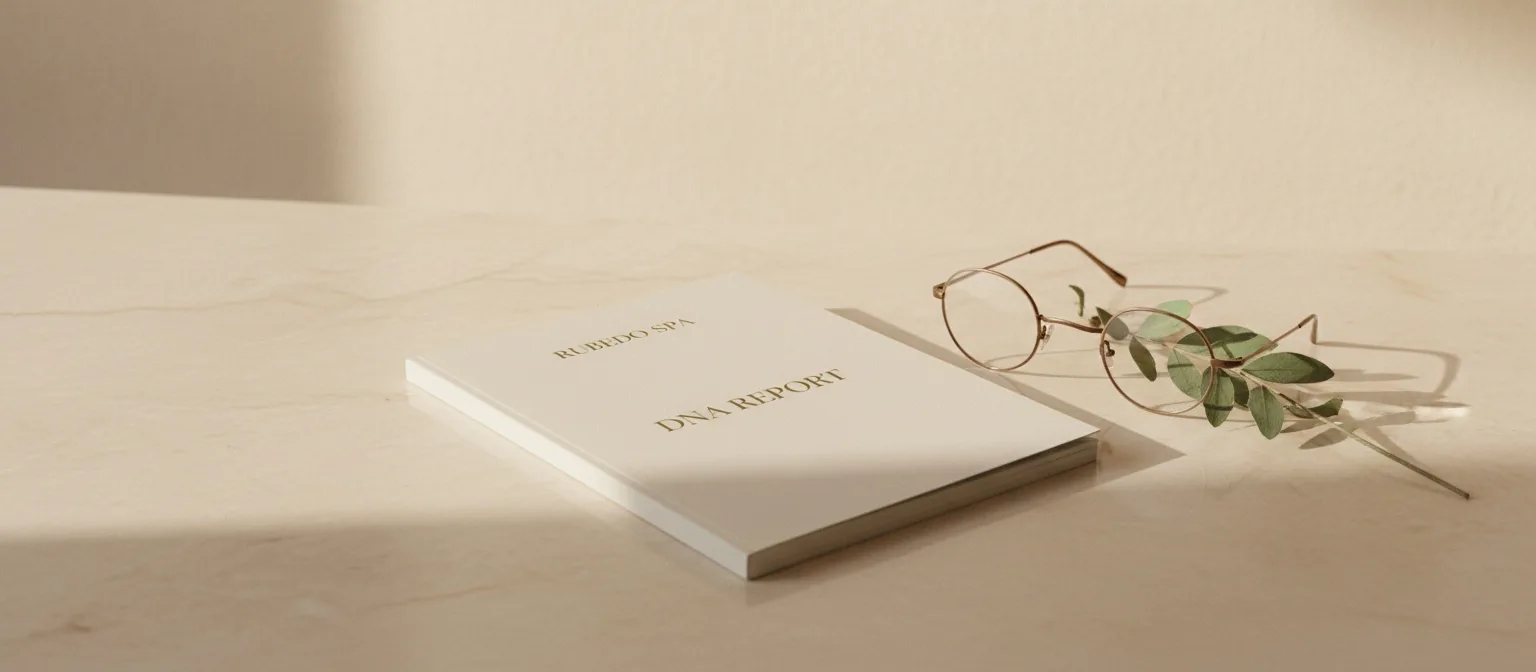 Rubedo Spa DNA Report Booklet mit goldener Serifenschrift, Lesebrille und botanischem Zweig auf Marmor