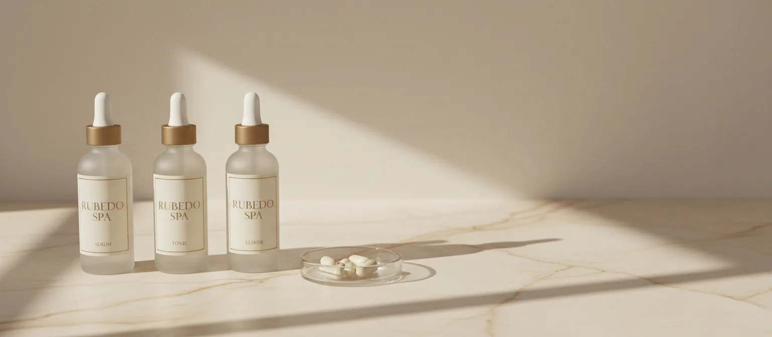 Personalisierte Rubedo Spa Pflegelinie — drei Apothekerflaschen Serum, Tonic, Elixir mit Mikronährstoff-Kapseln