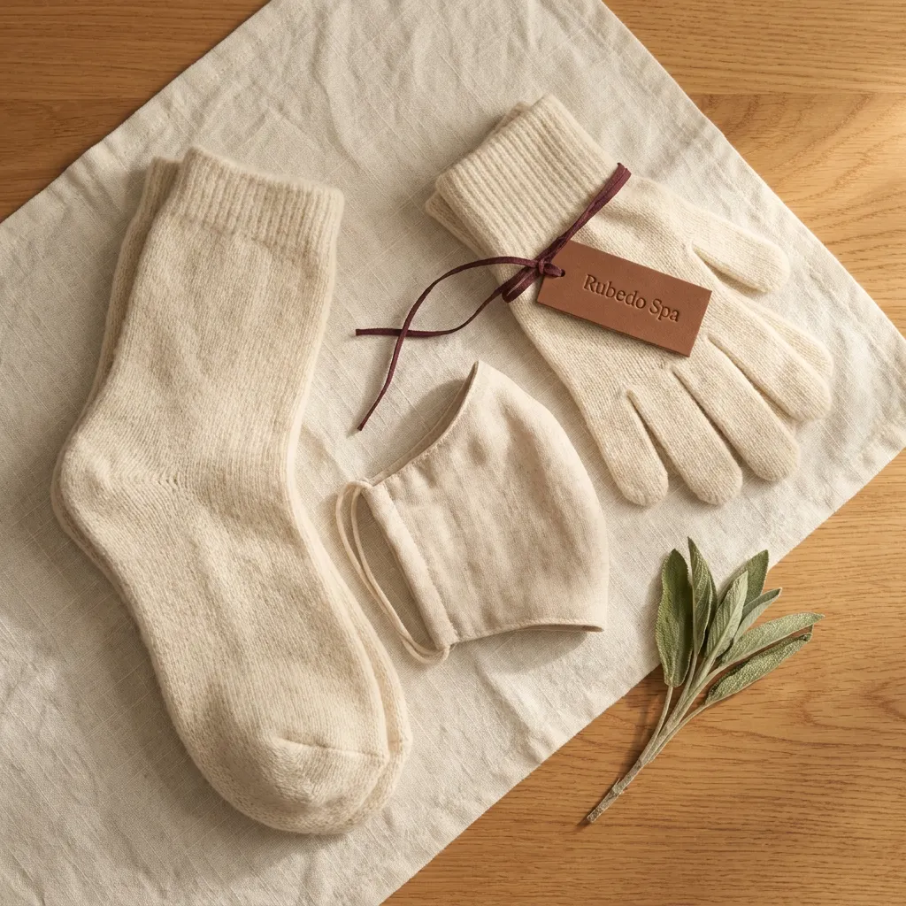Kryo-Equipment im Rubedo Spa — Handschuhe, Socken und Mundschutz auf burgunderfarbener Robe