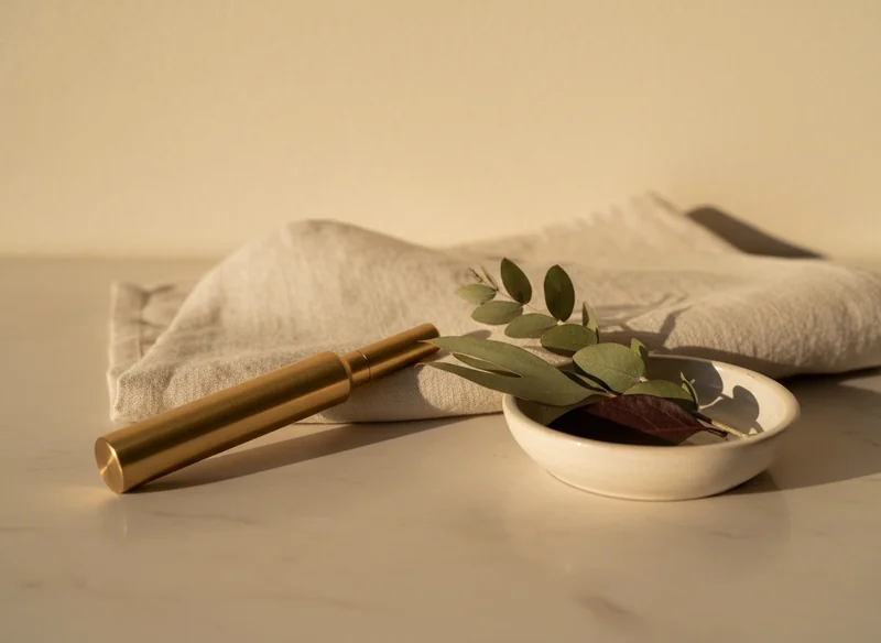 Brushed-brass Spa-Wand auf cremigem Marmor — daneben eine kleine Keramikschale mit Eukalyptus-Zweigen und ein gefaltetes Leinen-Tuch