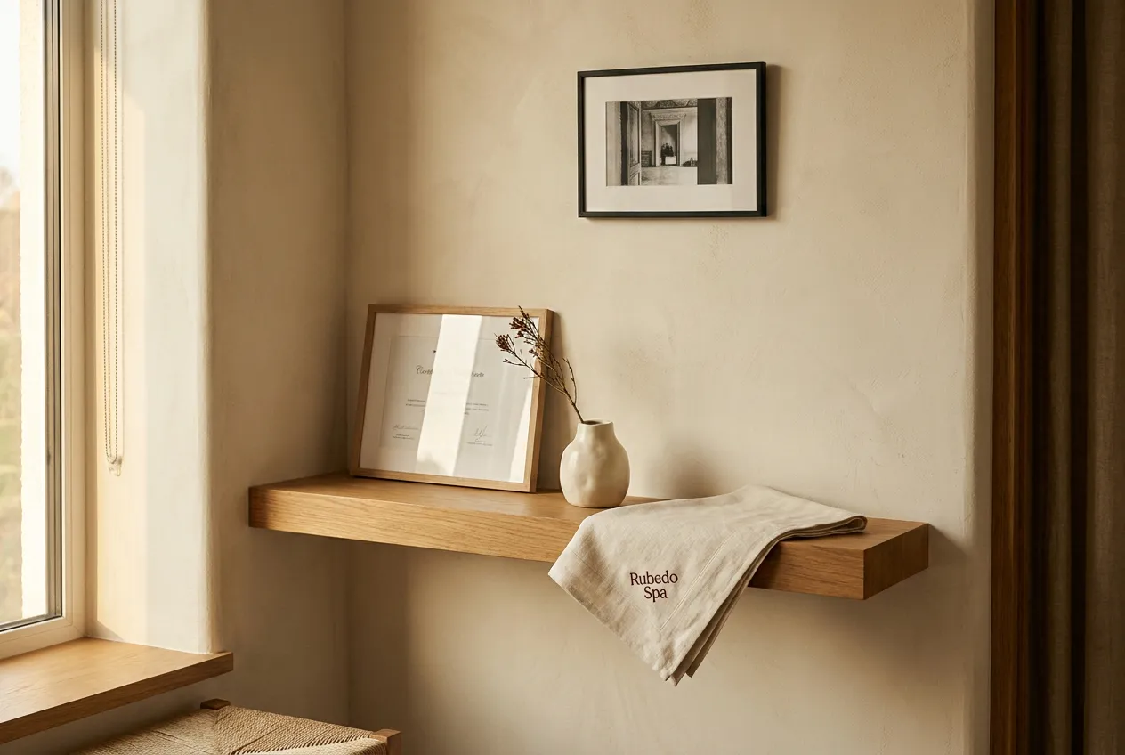 Monica Galletti im Rubedo Spa Studio in Minden — ruhiges Detail an der brushed-brass Spa-Wand