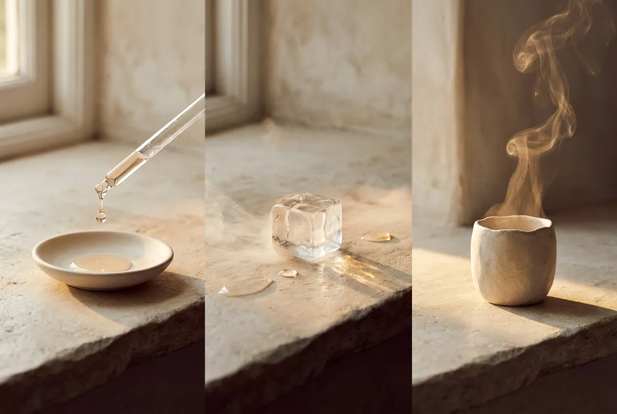 Drei Säulen — Pipette, Eiswürfel, dampfende Schale